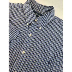 Ralph Lauren Men's L Blue Plaid Button Down Short‎ Sleeves Shirt Casual